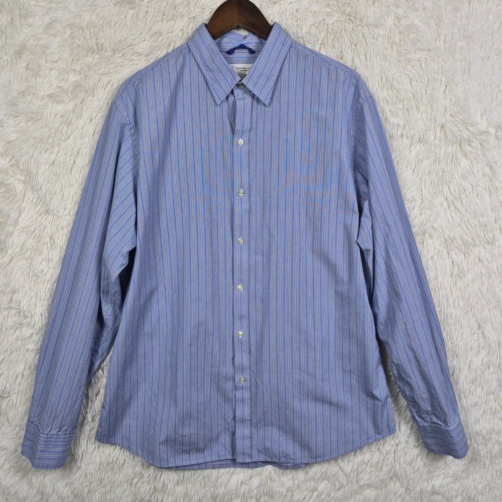 Teddy Stratford Zip-Fit Blue White Striped Button Down Dress Shirt Mens Sz 6/2XL